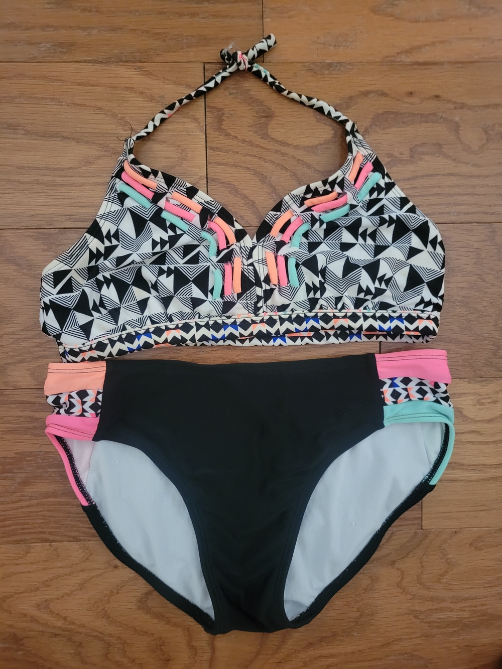 Target Black Geometric Print Girls Bikini with Pink and Mint Accents